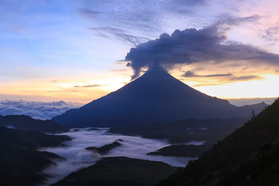 Aerial view of the Sangay volcano in Ecuador at sunrise or sunset.